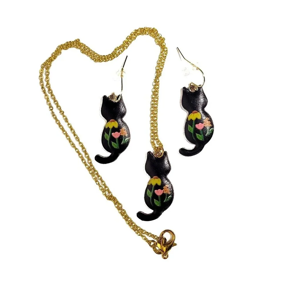Flower Painted Enamel Kitty Cat Back Necklace & Earrings Set NWT - Picture 5 of 8